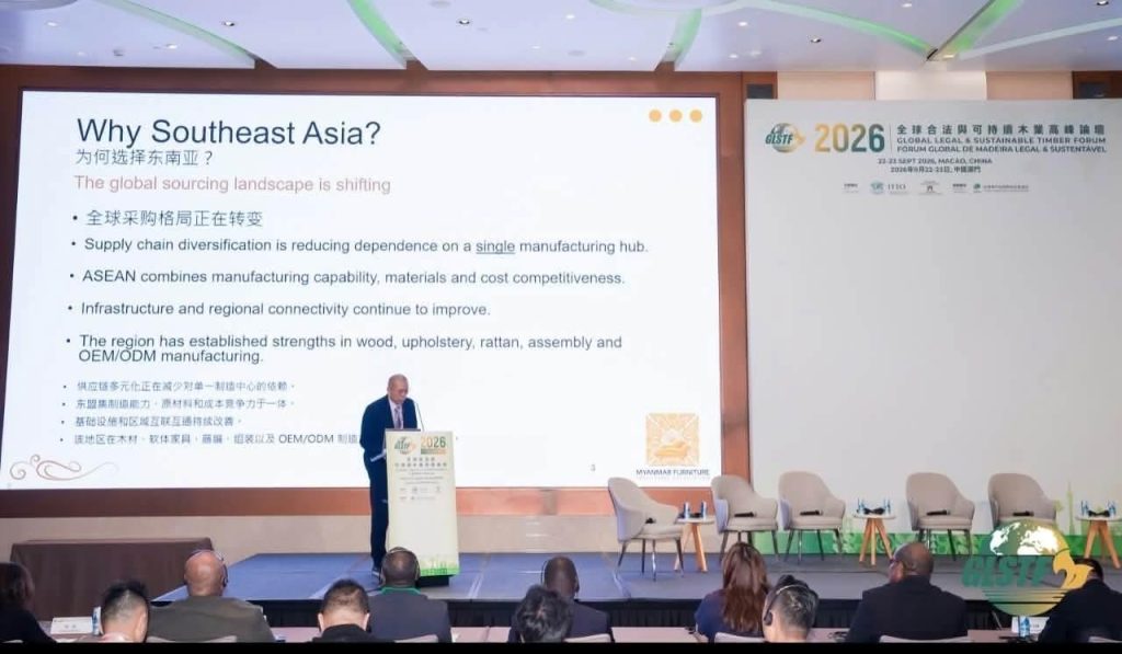 Speaker on stage presenting a “Why Southeast Asia?” slide to the audience at the Global Legal and Sustainable Timber Forum 2026